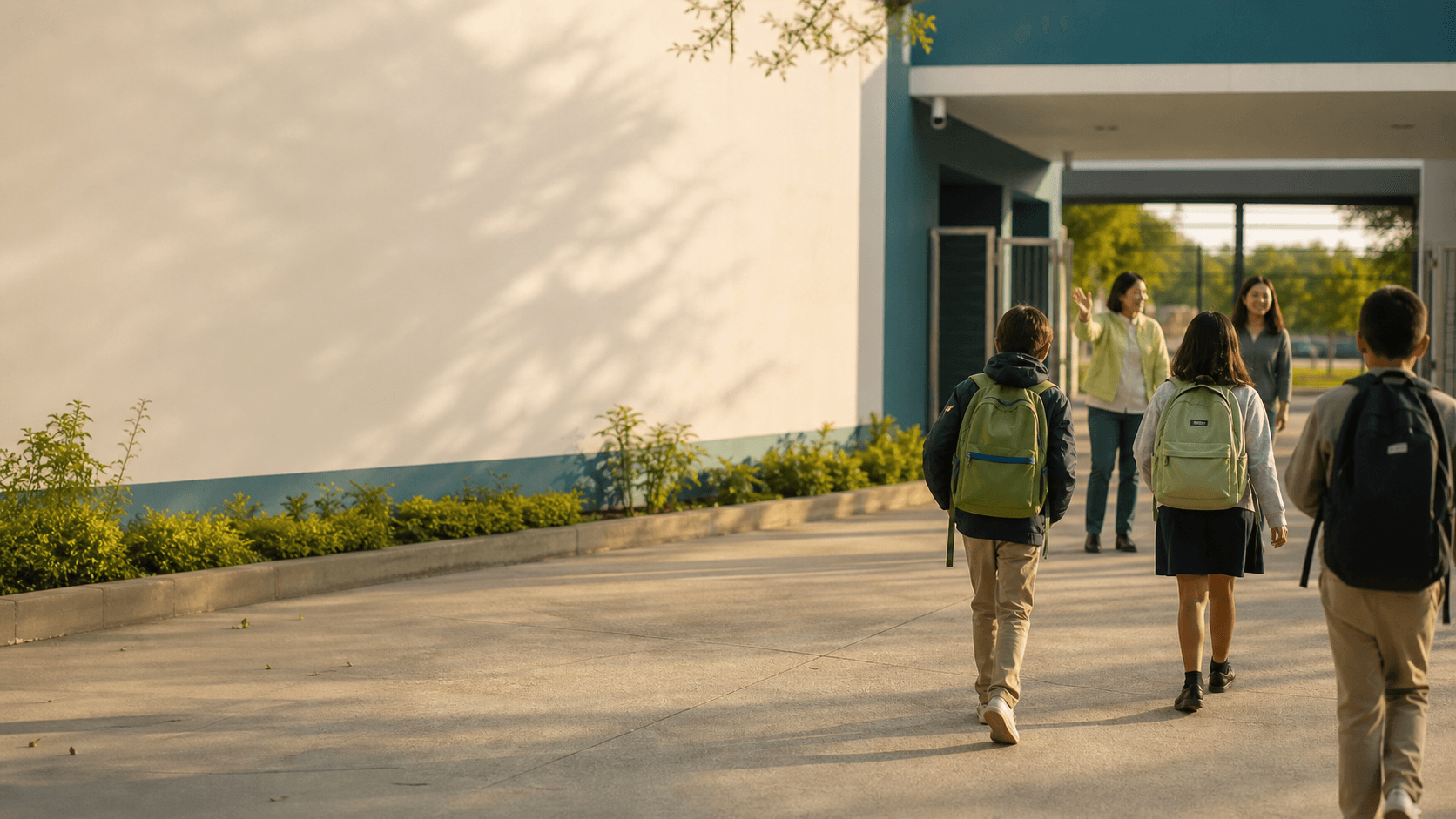 Morning school arrival: educators welcome students in a warm courtyard