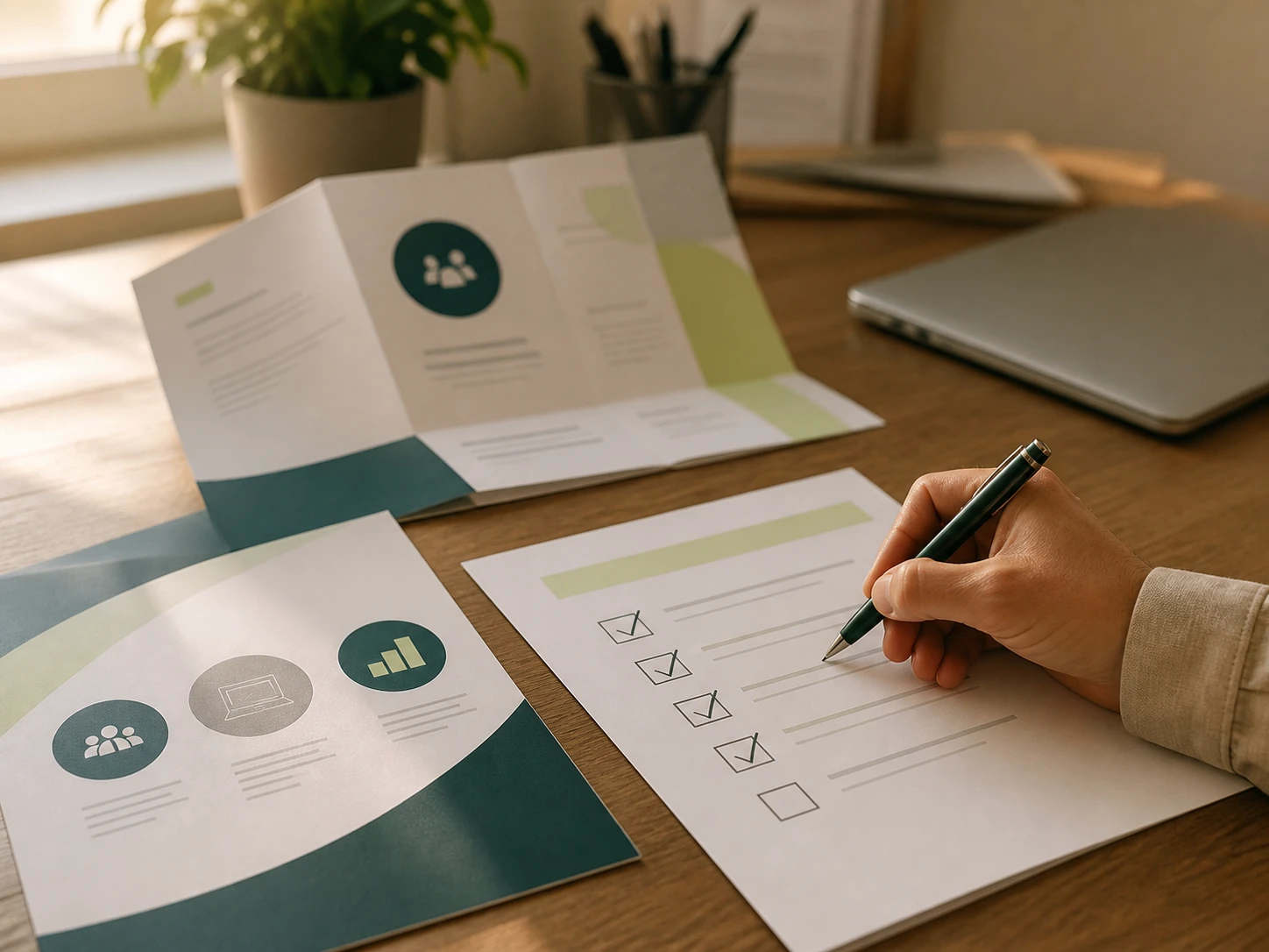 Printed rollout guides and a migration checklist on a school office desk